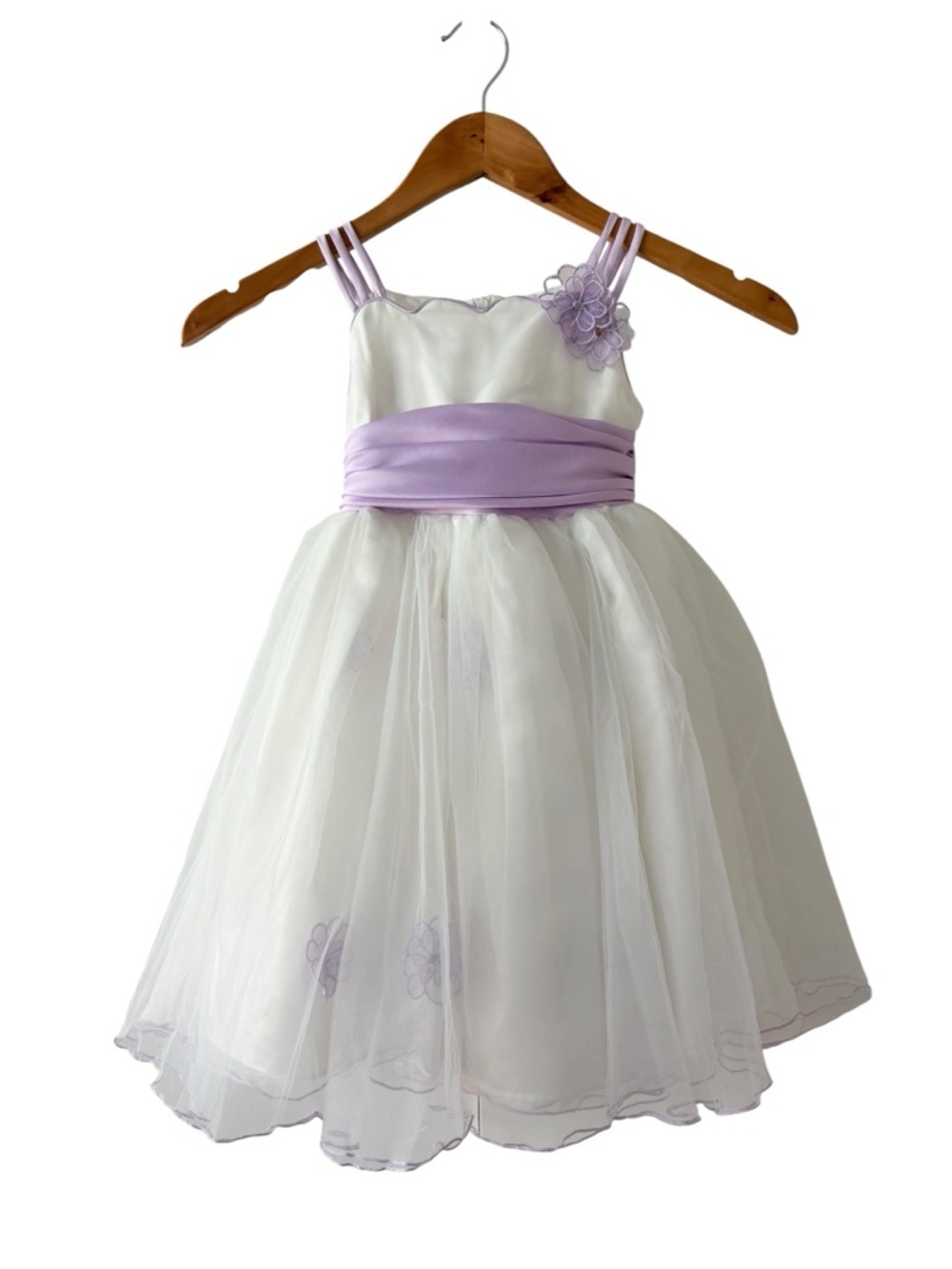 Bonnie Jean Girl’s White Tulle Dress with Lavender Sash and Floral Accent